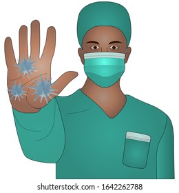 African american doctor. Paramedic in mask and overalls. Vector illustration. Hand forward - stop viruses. Pandemic Covid19. Men on an isolated background. Idea for educational literature, web design.