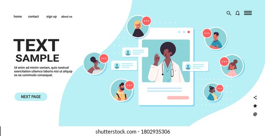 african american doctor in web browser window consulting mix race patients online medical consultation healthcare medicine concept horizontal copy space portrait vector illustration