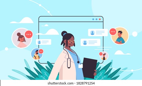 african american doctor in web browser window consulting patients online medical consultation healthcare medicine concept horizontal portrait vector illustration