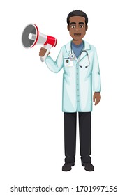 African American doctor working in the hospital during coronavirus outbreak Covid-19. Medical doctor cartoon character holding loudspeaker. Vector illustration