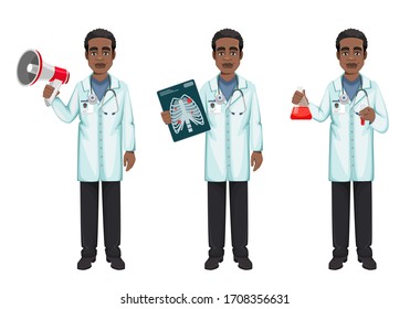 African American doctor working in the hospital during coronavirus outbreak Covid-19. Medical doctor cartoon character with loudspeaker, with x-ray image and with flasks. Vector illustration