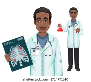African American doctor working in the hospital during coronavirus outbreak Covid-19, set of two poses. Medical doctor cartoon character with x-ray image and with flasks. Vector illustration