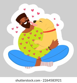 african american with dog.Young african man hugging a dog. A young guy plays with his pet and loves her. Puppy owner. Vector cartoon isolated on white background. sticker.