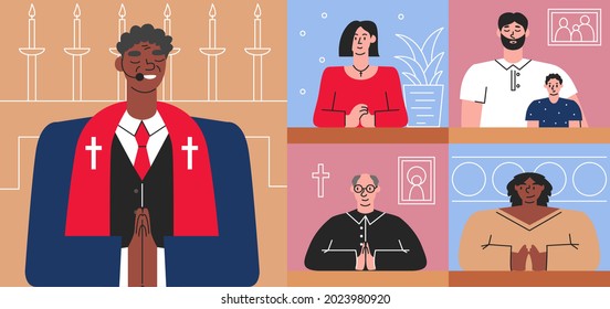 African american elderly priest praying with parishioners online. Internet church conducting church services in live. Video Call conference between different religious people. Vector flat illustration