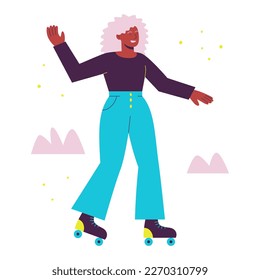 African american elderly woman rollerblading. Modern fashion granny is having fun. Active aging. Flat vector illustration of senior active sport. Silver generation.