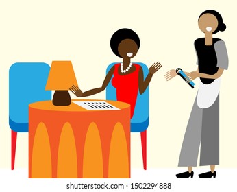 African American elegant woman orders food in a restaurant. A waitress stands with a notebook and helps her choose.