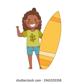 African American Emoji Girl with Surfboard Showing Shaka Sign as Friendly Gesture of Surf Culture Vector Illustration