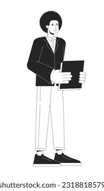 African american employee holding paperwork bw vector spot illustration. Businessperson standing 2D cartoon flat line monochromatic character for web UI design. Editable isolated outline hero image