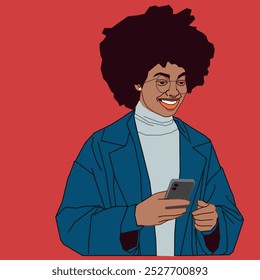 An African American Entrepreneur lady with Afro hair holding a mobile phone checking her conversation, and wearing glasses