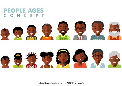 African american ethnic people generations at different ages. Man and woman african american ethnic aging - baby, child, teenager, young, adult, old