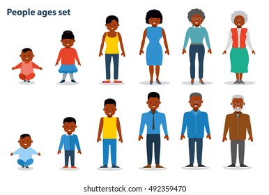 African american ethnic people generations at different ages. Woman and man african american ethnic aging - baby, child, teenager, young, adult, old. Flat illustration