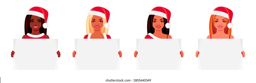 African American and European girls in Santa Claus hats holding empty posters. Christmas set of young smiling women with different nationality. Vector isolated illustrations