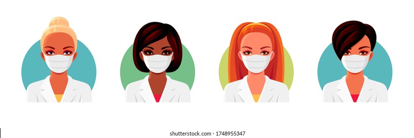 African American and European women in white medical uniform and face masks. Doctor or nurse  avatars set. Vector isolated illustrations