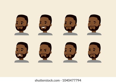 african american face with different emotions,avatar head,flat vector illustration