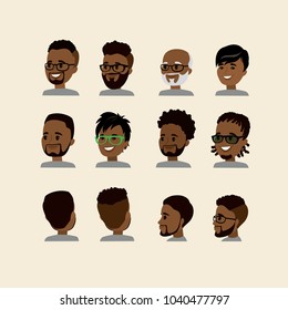 african american face with different emotions,heads from different sides,flat vector illustration
