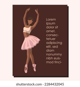 African American faceless ballet dancer in a pink tutu and pointe shoes dancing on a brown background with copy space, text Lorem Ipsum. Vector illustration in flat style