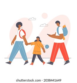 African American family with baby and toddler walking together outside. Outdoor people flat vector illustration. 