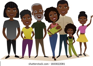 African American family. Boy, girls, baby child mother woman, father man parents, grandmother, grandfather standing together. African American family portrait vector illustration