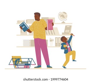 Suministros de escuelas de compras para familias afroamericanas. Padre E Hijo De Primer Grado Preparándose Para La Escuela. Ilustración vectorial.