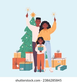 African american family with child celebrating Christmas or New Year. Christmas tree with presents. Vector illustration in flat style 