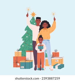 African american family with child celebrating Christmas or New Year. Christmas tree with presents. Vector illustration in flat style 