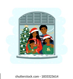 African american family at Christmas staying by the window together at home. Parents with kids. Cute vector illustration drawing in flat style.