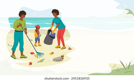 African American family cleaning up trash and waste on the beach. Caring for the environment, protecting the ecology. Banner with copy space. Vector stock illustration.