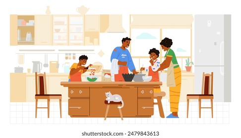 African American family cooking together in the kitchen flat vector illustration. Parents with two children preparing food at home. 