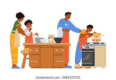 Afroamerikanische Familie kocht zusammen zu Hause flache Vektorillustration isoliert auf weiß. Eltern mit zwei Kindern bereiten das Abendessen zu. 