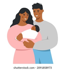 African american family with cute baby. Happy mother and father holding their newborn child in arms. Love and care for loved ones. Happy Family day. Flat vector illustration.