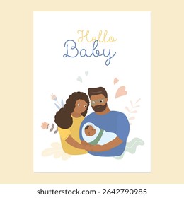 African american family with cute baby. Happy mother and father holding infant child in arms. Parents with newborn, hello baby. Love and care for loved ones. Vertical banner, greeting card. vector