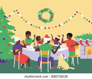 African American Family With Dog Celebrates Thanksgiving Day At The Holiday Table. An Ornate Spruce And A Fireplace And A Christmas Wreath Decorate The Room. Flat Vector Illustration.