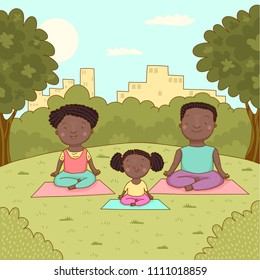 African American family doing yoga in park. Vector illustration of black father, mother and daughter meditating outdoors. Healthy people lifestyle. Sport exercise. Man, woman and kid in lotus asana.