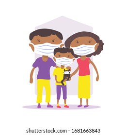 African american family with face masks. COVID-19 conceptual vector illustration. Self isolation. Protection from coronavirus or respiratory virus. Prevent infection respiratory tract.