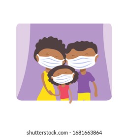 African american family with face masks. COVID-19 conceptual vector illustration. Self isolation sign. Protection from coronavirus or respiratory virus. Prevent infection respiratory tract.
