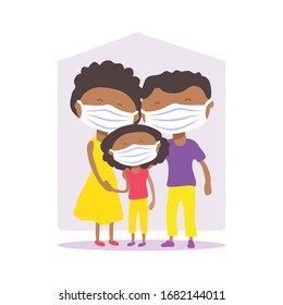 African american family with face masks. COVID-19 conceptual vector illustration. Protection from coronavirus or respiratory virus. Prevent infection respiratory tract.