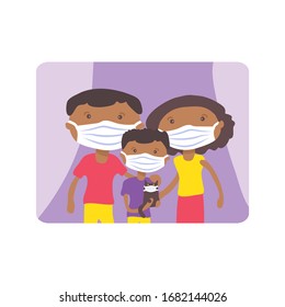 African american family with face masks. COVID-19 conceptual vector illustration. Self isolation sign.
Protection from coronavirus or respiratory virus. Prevent infection respiratory tract.