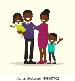 African American Family. Father, Mother, Son And Daughter. Vector Illustration Of A Flat Design