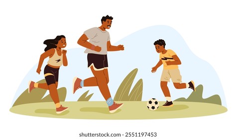 Afro-americano pai família com dois filhos menino e menina jogando futebol vetor plana ilustração isolada no branco.