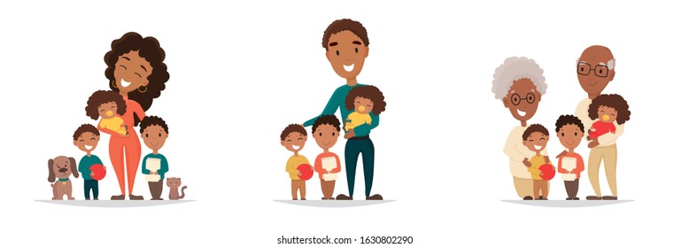 African American Family Groups On Isolated White Background. Mother With Three Kids, Father With Three Children And Grandparents With Grandkids. Vector Illustration For Poster, Greeting Card, Website