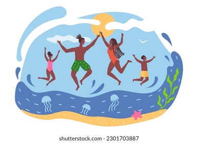 African American family have fun on the beach, jump into the sea. Father, mother, daughter and son together on summer vacation.