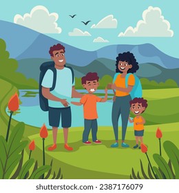 African American family hiking in mountains. Cartoon vector illustration. Couple and children taking rest near lake together. Family, rest, nature concept