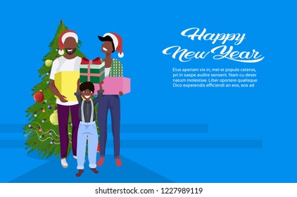 african american family hold gift box present near fir tree merry christmas happy new year holiday decoration concept flat horizontal copy space vector illustration