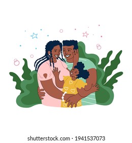 African American family, loving parents with little daughter laughing happily. Love, parenthood concept. Comic vector illustration