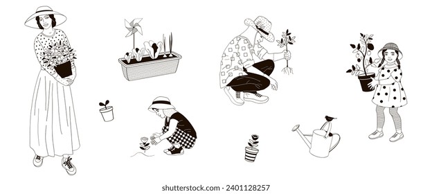 African American family, man and women, kids boy and girl take measures against the solar radiation and UV ultraviolet during gardening, black and white linear vector illustration
