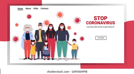 african american family in medical masks standing together stop coronavirus prevention 2019-nCoV quarantine concept full length copy space horizontal vector illustration