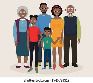 African American family. Mom dad daughter son grandmother grandfather. Vector illustration.