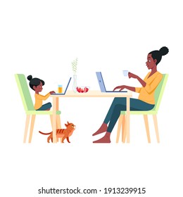 African american Family mother and daughter sitting at desk and working on computer at home. Female freelance worker with child at workplace. Child online education. Cartoon vector illustration.