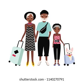 African American family on journey. Mother, father and teenage daughter traveling together. Parents and teen child tourists with suitcases isolated on white background. Cartoon vector illustration