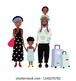 African American family on vacation. Mother, father and children traveling together. Man, woman and kids travelers with suitcases. Cartoon characters isolated on white background. Vector illustration